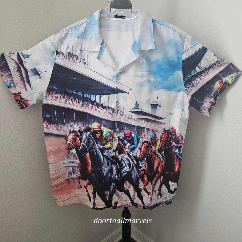 Kentucky Derby Horse Racing All-Over Print Camp Shirt Men 2XL